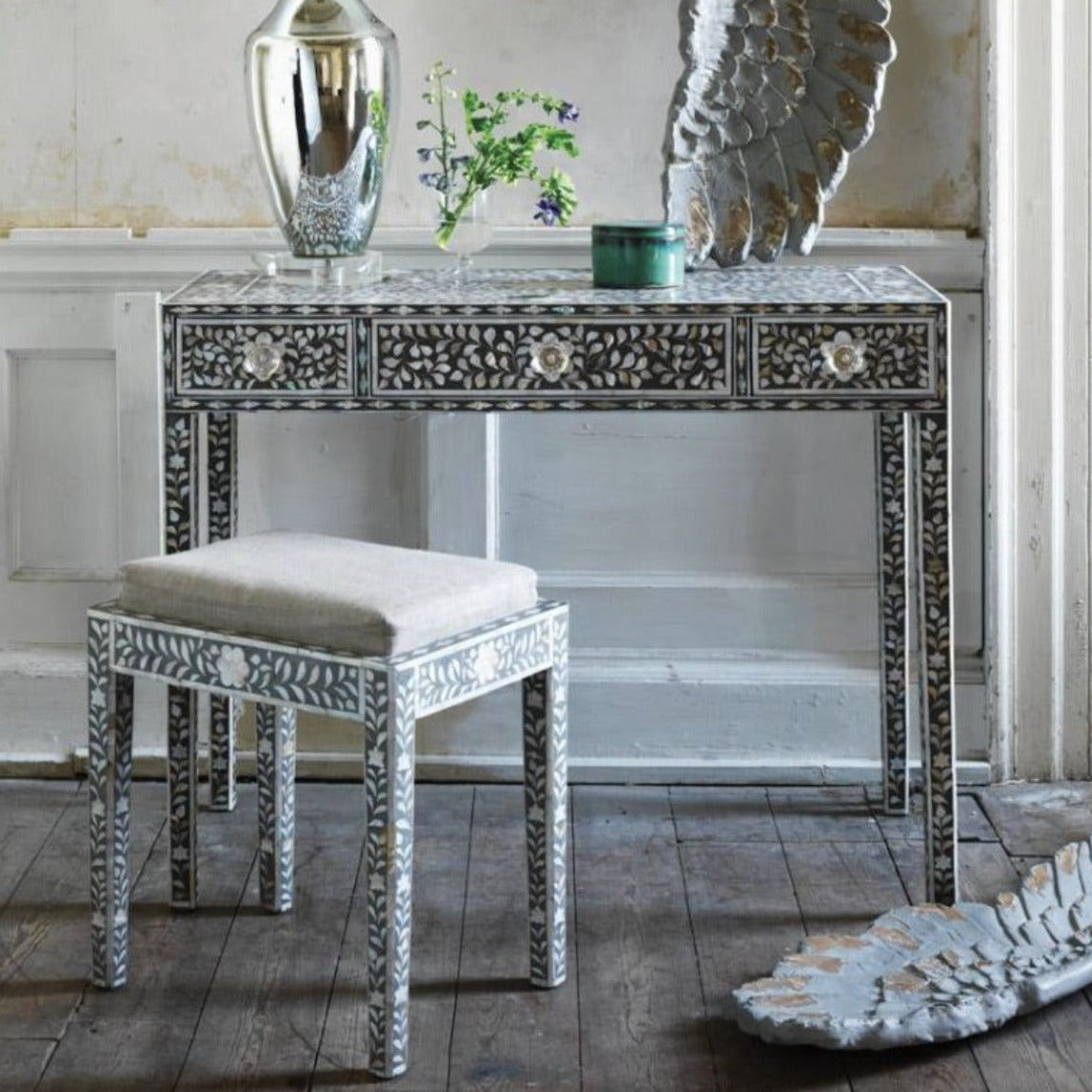 Slyvan Mother Of Pearl Dressing Table with Stool Console - Ziba Homes