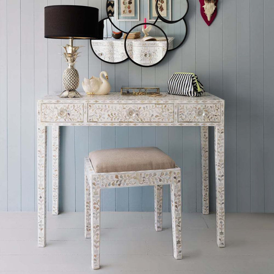 Slyvan Mother Of Pearl Dressing Table with Stool Console - Ziba Homes