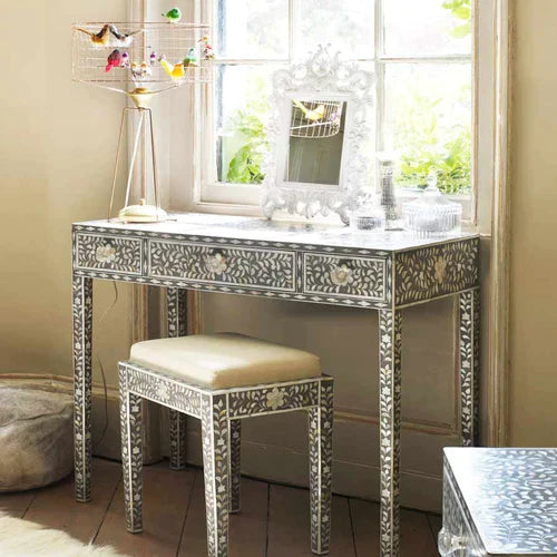 Slyvan Mother Of Pearl Dressing Table with Stool Console - Ziba Homes