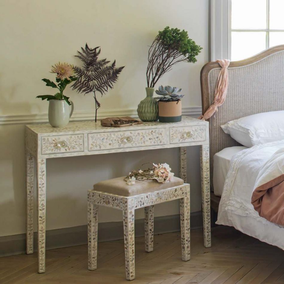 Slyvan Mother Of Pearl Dressing Table with Stool Console - Ziba Homes