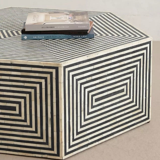 Suhira Bone Inlay Hexagonal Coffee Table - Black