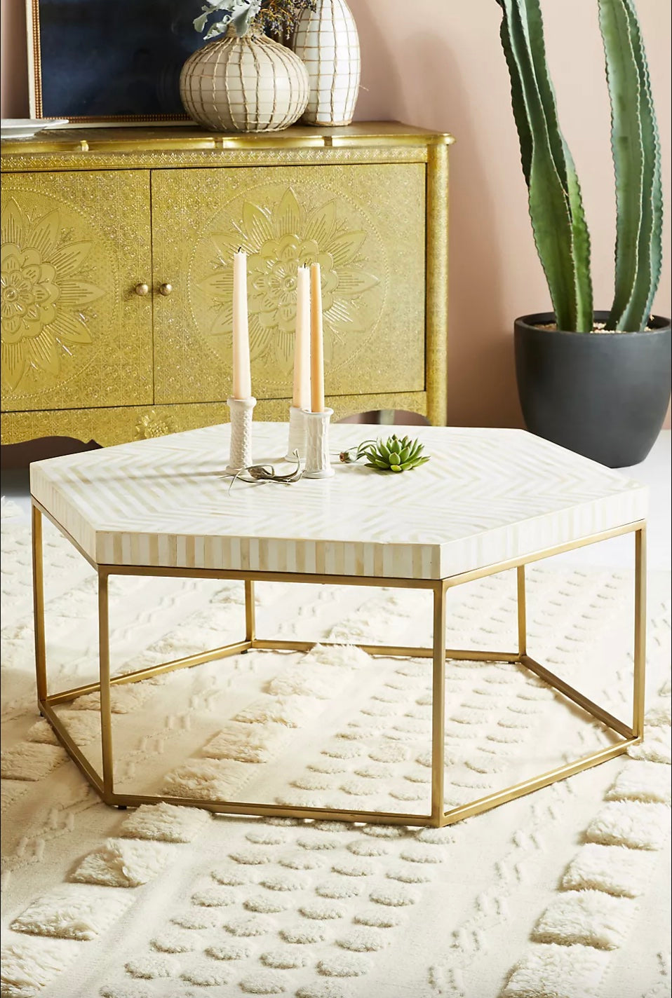 Egyptian Stripe Inlay Hexagonal Coffee Table - Ziba Homes