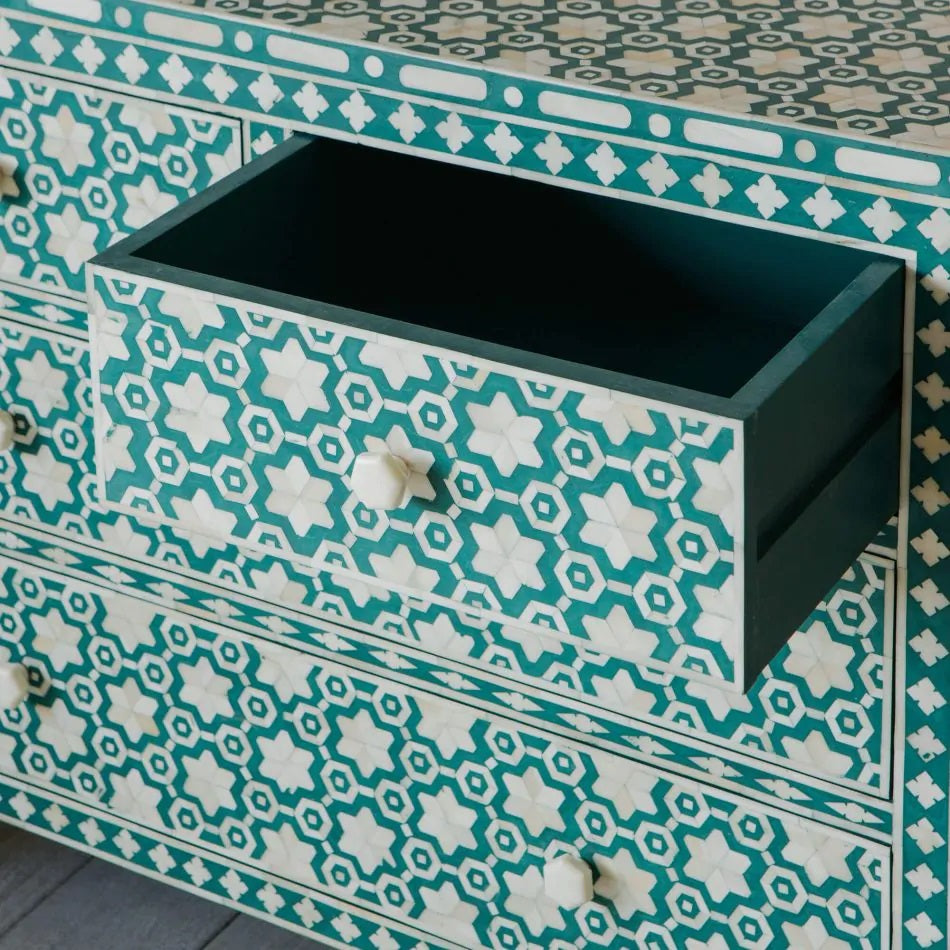 Green Bone Inlay Bedside Table, Chest of Drawers, Storage Unit