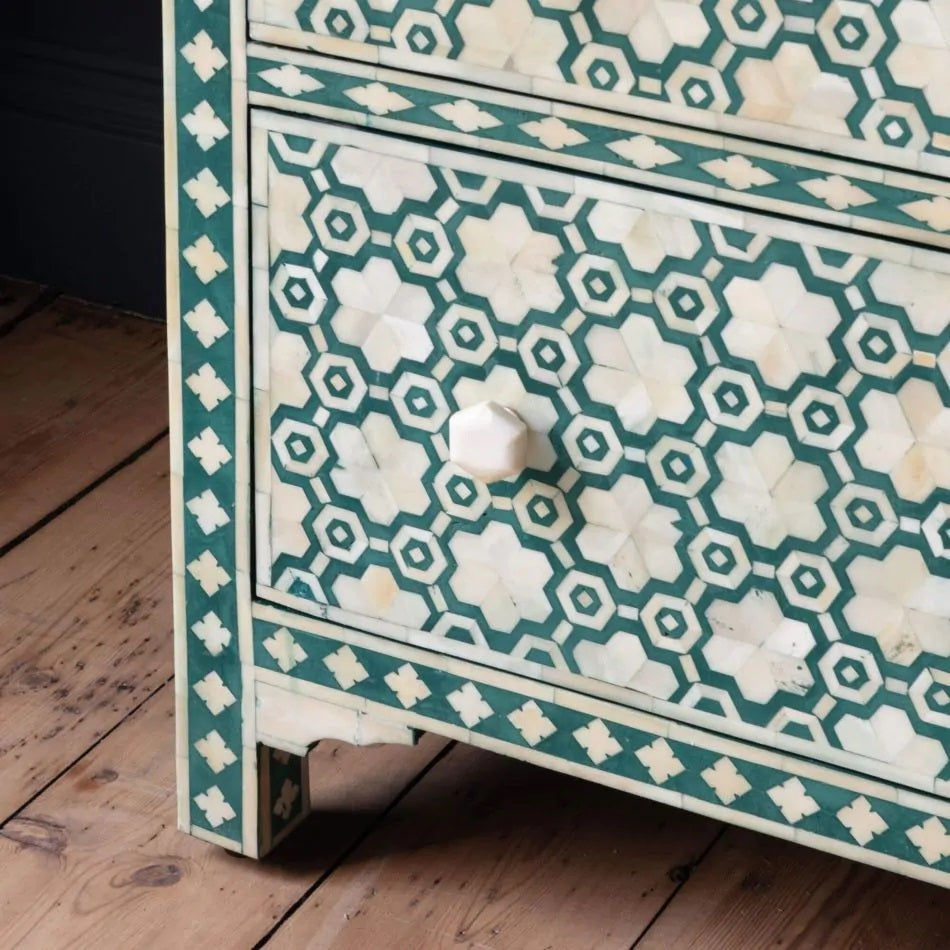 Green Bone Inlay Bedside Table, Chest of Drawers, Storage Unit