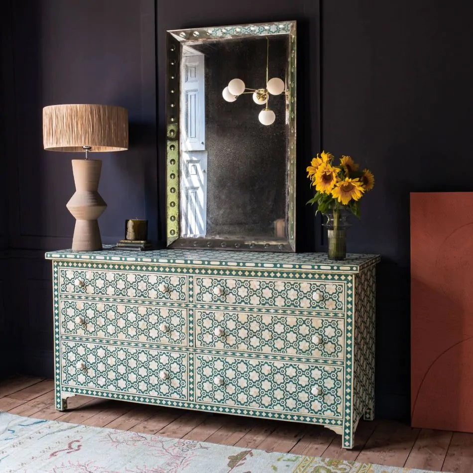 Green Bone Inlay Bedside Table, Chest of Drawers, Storage Unit